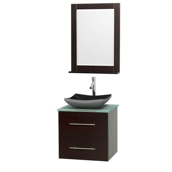 Wyndham Collection Centra 24 in. Vanity in Espresso with Glass Vanity Top in Green, Black Granite Sink and 24 in. Mirror