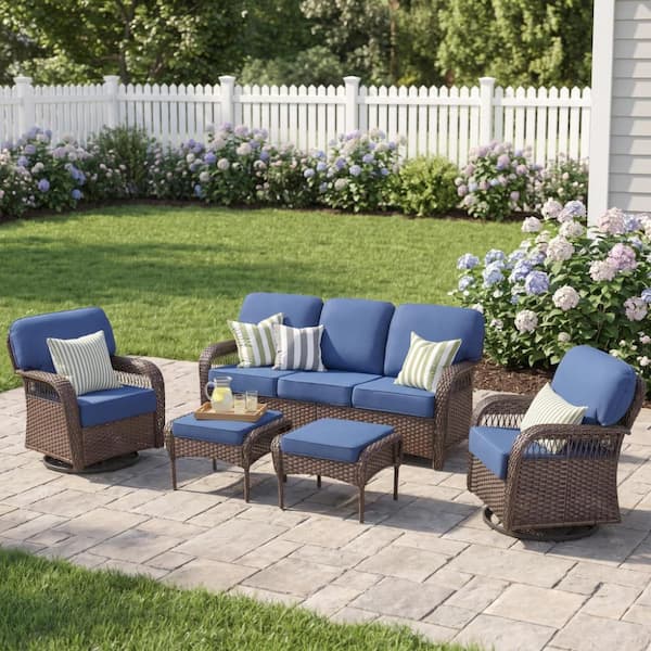 5-Piece Outdoor Patio Conversation Set with Wicker Sofa, High Back Swivel Rocker Chairs & Ottomans, Blue Cushions