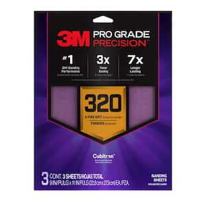 Pro Grade Precision 9 in. x 11 in. 320 Grit Faster Sanding Sheet With No-Slip Grip Backing (3-Pack)