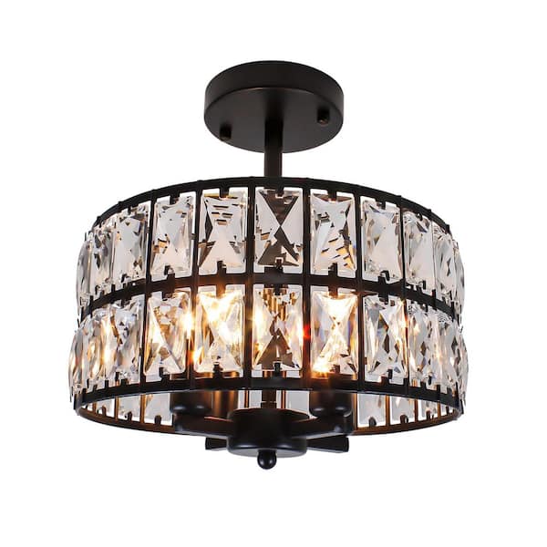 Rviezza 4-Light Drum Crystal Ceiling Light Fixture, 11.22 in. Black Semi Flush Mount Chandelier
