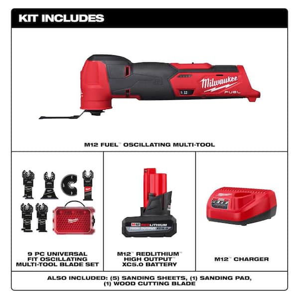 M12 FUEL 12V Oscillating Multi-Tool w/5.0Ah Battery 2-Pk Starter Kit & Blade Kit (9-Pc)