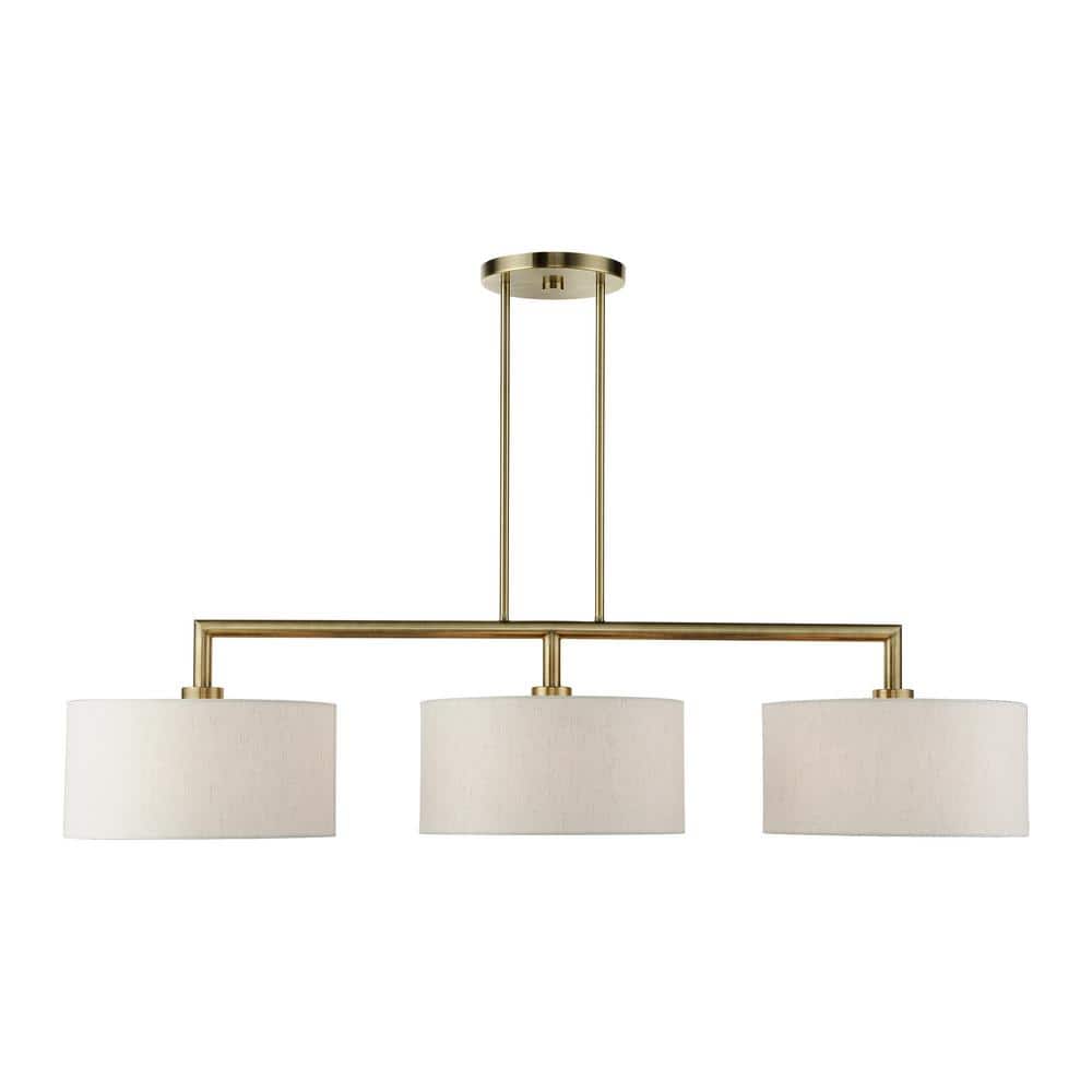 Meridian Antique Brass 3-Light Linear Chandelier with Oatmeal Shades