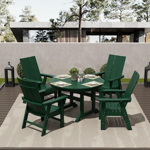 Shoreside Outdoor Patio Weather Resistant Adirondack Dark Green 5-Piece HDPE Plastic Round Table Dining Set