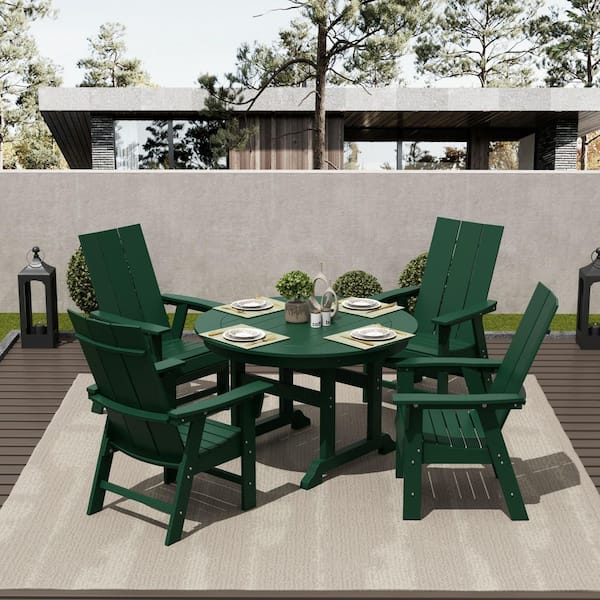 WESTIN OUTDOOR Shoreside Outdoor Patio Weather Resistant Adirondack Dark Green 5-Piece HDPE Plastic Round Table Dining Set