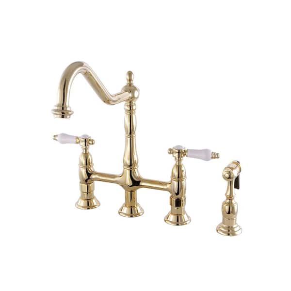 Kingston Brass Victorian Porcelain 2-Handle Bridge Kitchen Faucet with Side Sprayer in Polished Brass