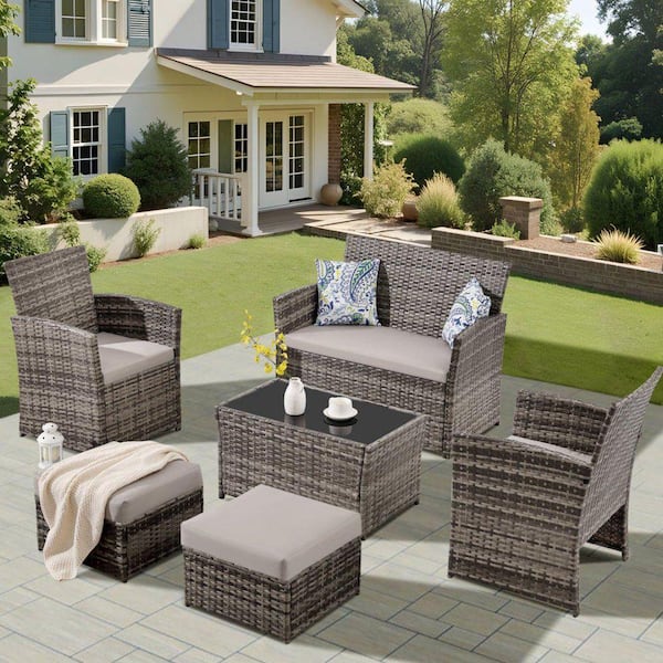 Gray Wicker 6-Piece Outdoor Sectional Set with Gray Cushions