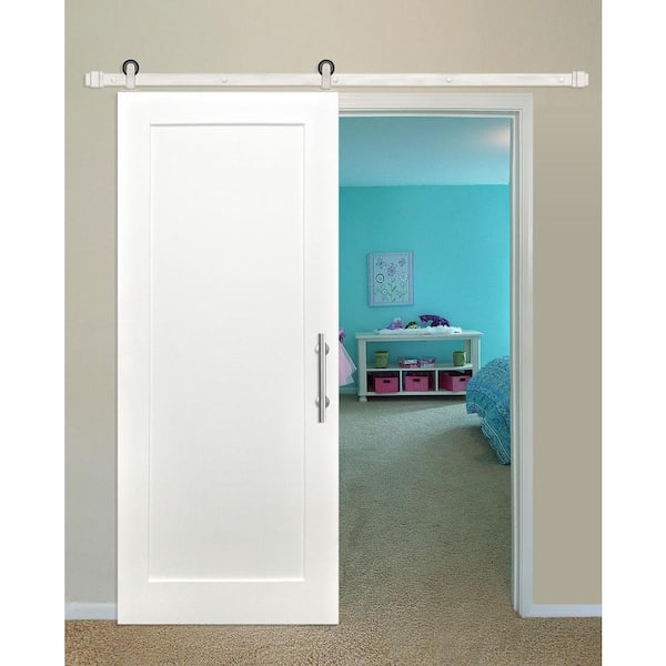 36 in. x 80 in. Shaker 1-Panel Primed Pine Interior Sliding Barn Door with Satin Nickel Hardware Kit