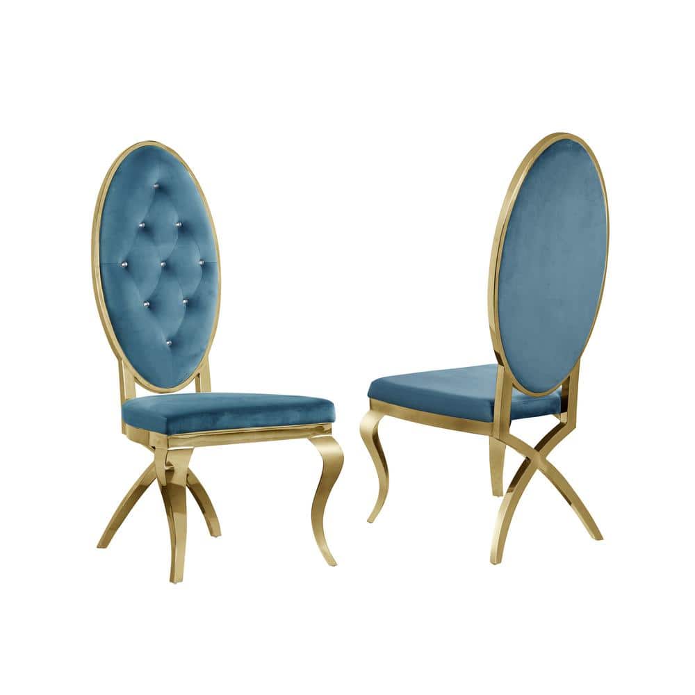 Teal Blue Velvet Upholstered Side Chair with Gold Metal Legs