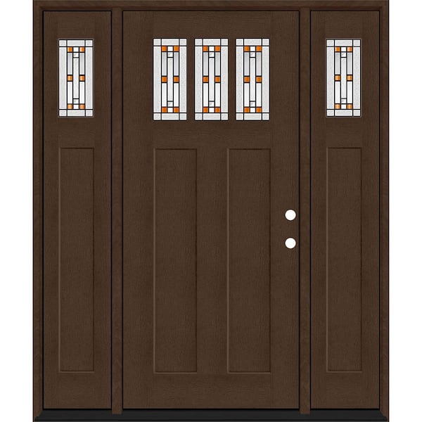 Steves & Sons Regency 68 in. x 80 in. 3Lite Amberton Deco Glass LHIS Hickory Stain Fir Fiberglass Prehung Front Door w/Dbl 14in.SL