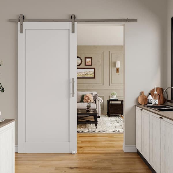 EH PUERTA 36 in. x 80 in. White 1-Panel Blank Solid Core Composite MDF Primed Sliding Barn Door with Hardware Kit Nickel Plated
