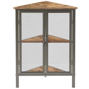 3-Tier Corner Shelf, Metal Frame Multipurpose Corner Table Wood Triangle Bookshelf with Protection Door，Gray，15.4 in. W