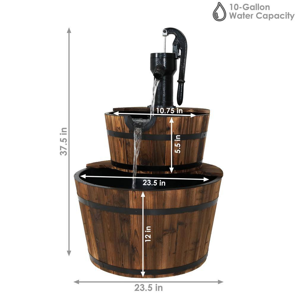 34" Rustic Fir Wood 2-Tier Barrel Water Fountain with Metal Hand Pump