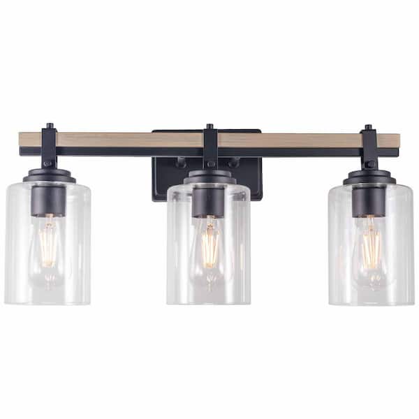 MODERN HABITAT ChicGlow Width 22.5 in. 3-Light Wood Glass Black LED Vanity Light with Bathroom