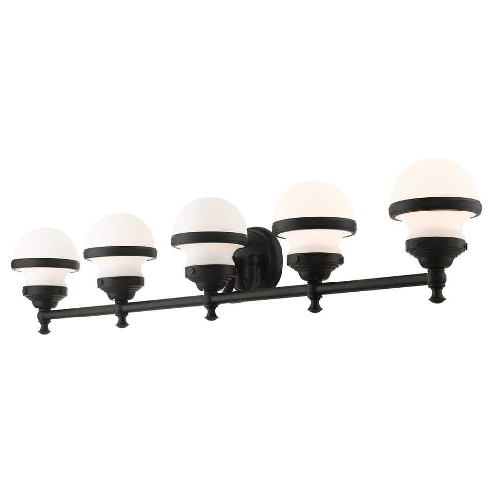 Oldwick Sleek Black 5-Light Vanity Sconce with Satin Opal White Glass