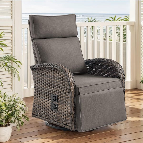 Brown 1-Piece Wicker Outdoor Recliner with Olefin Gray Cushions and Flat Armrests Patio Swivel Chairs