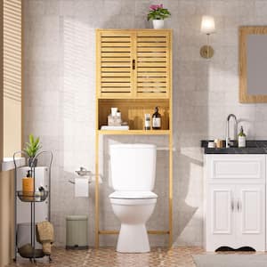 24.4 in. W x 66.9 in. H x 9.5 in. D Yellow Bamboo Bathroom Over-the-Toilet Storage with Removable Shelf and Doors