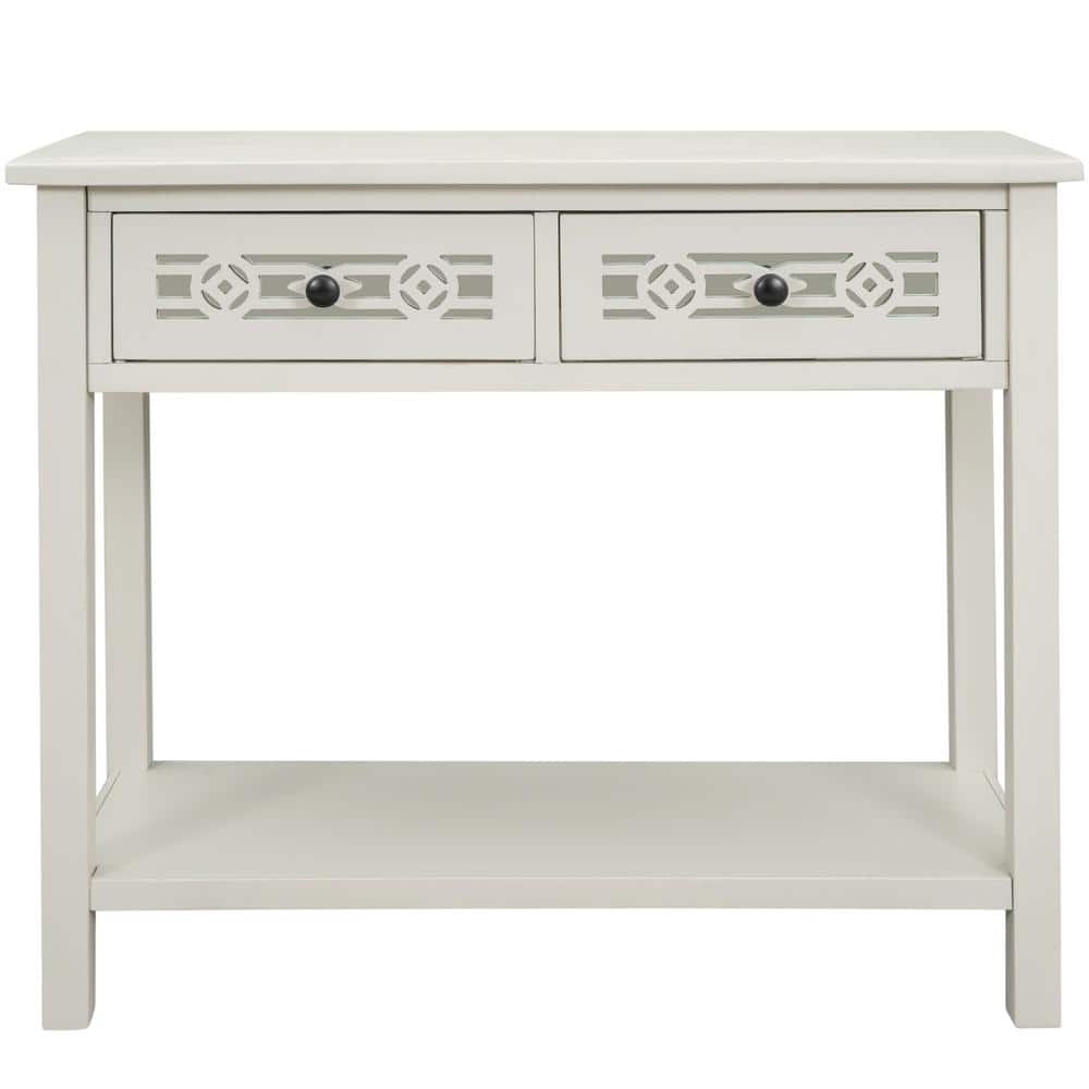 Classic 35.4 in. Ivory Standard Rectangle Wood Console Table with 2 Drawers