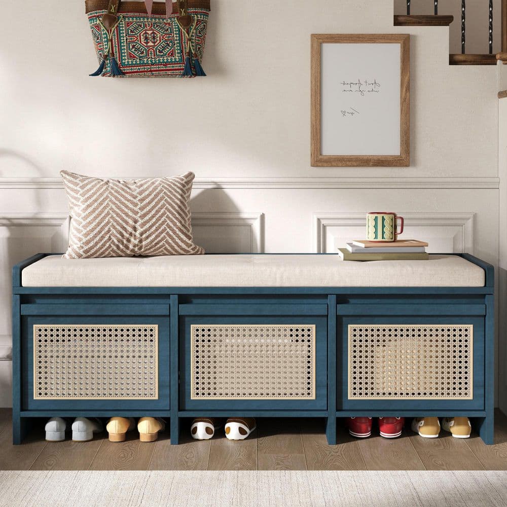 Xoryn Antique Navy 48 in. Storage Bedroom Bench With Rattan Drawers plus Removable Button‑Tufted Upholstered Cushion