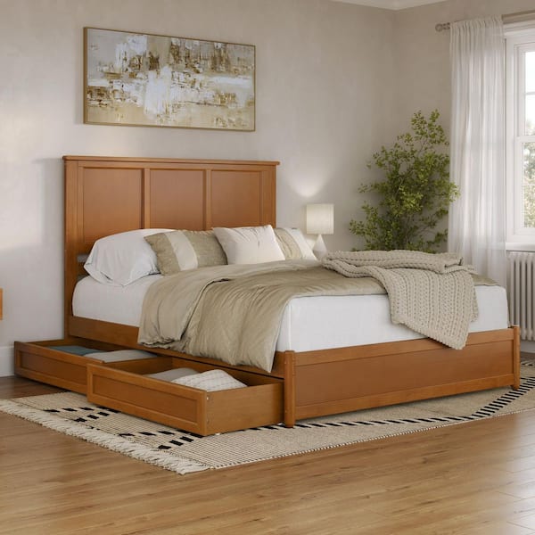 AFI Felicity Light Toffee Natural Bronze Solid Wood Frame Queen Platform Bed with Panel Footboard and Storage Drawers