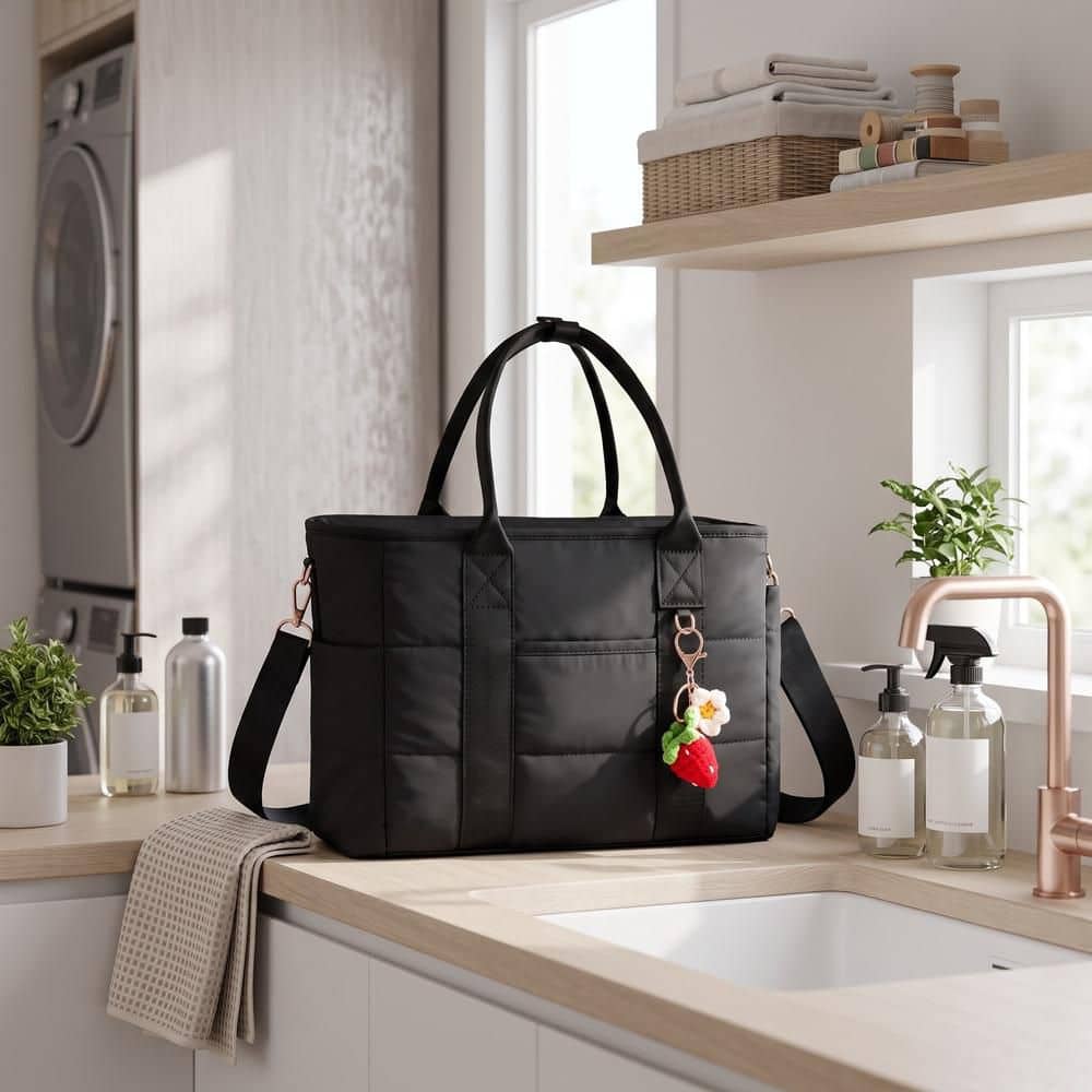 Black Insulated Lunch Bag for Women with Wide Opening, Leakproof Liner, Adjustable Strap and Side Pocket