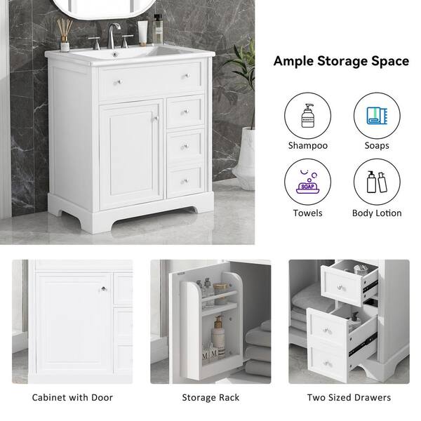 Virubi 30 in. W Single Sink Bath Vanity in White with White