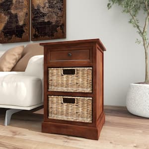 2 Baskets and 1 Drawer Wood Stationary Brown Storage Unit