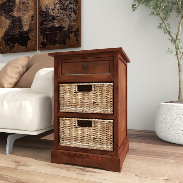 Litton Lane 2 Baskets and 1 Drawer Wood Stationary Brown Storage Unit