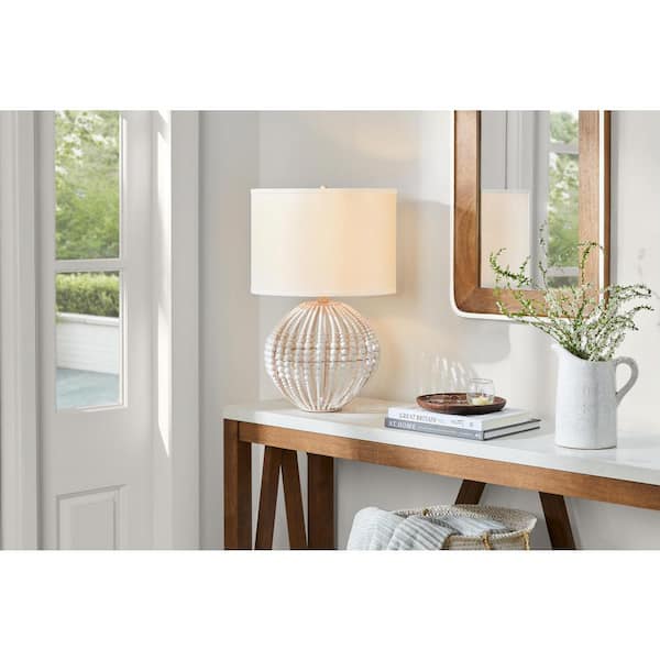 Hampton Bay Cayman 21.875 in. 1-Light White Beaded Table Lamp with Fabric Drum Shade