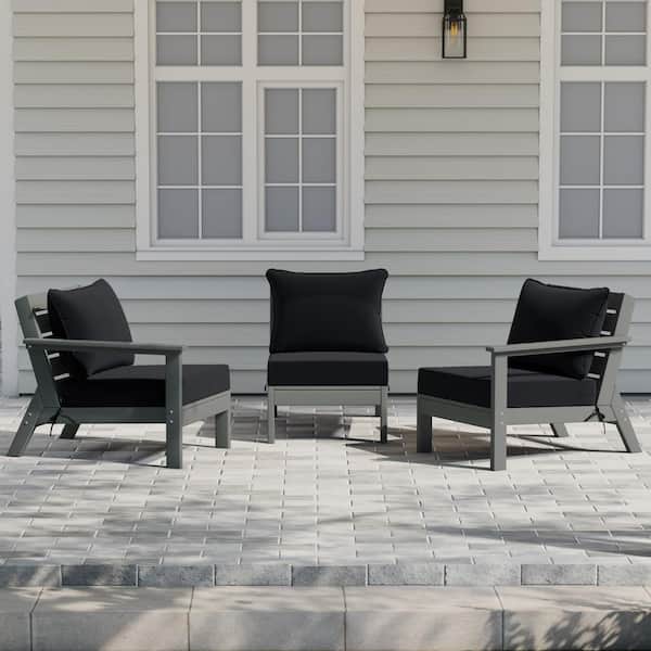 Birchwood Gray Arrangeable 3-Piece HDPE Deep Seating Outdoor Patio Conversation Sofa Arm Chair Set w/ Black Cushions