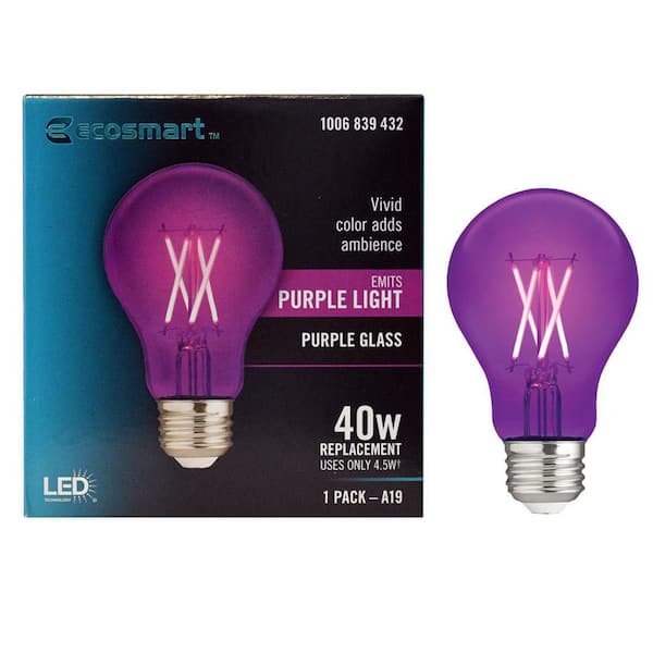 EcoSmart 40-Watt Equivalent A19 Dimmable Filament Purple Colored Glass LED Light Bulb (1-Pack)