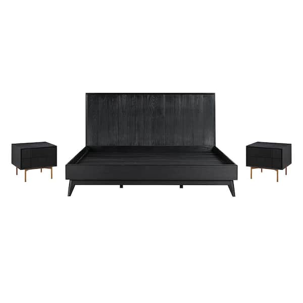 Armen Living Carnaby 3-Piece Black Brushed Oak King Bedroom Set