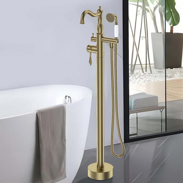 UPIKER Single-Handle Freestanding Floor Mount Tub Filler Faucet with Hand Shower and Swivel Spout in Brushed Brass
