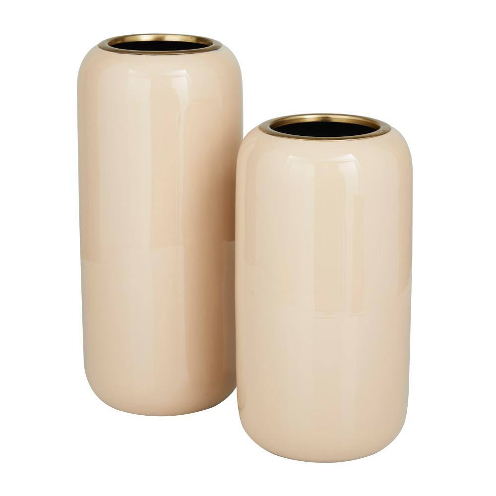 Cream and Gold Metal Round Vase Set, 13" and 11"