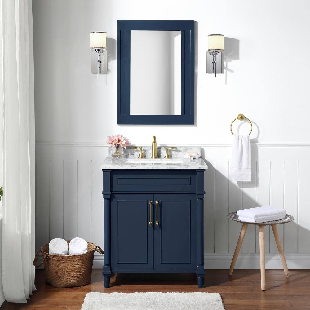Midnight Blue Rectangular Wood Framed Bathroom Vanity Mirror