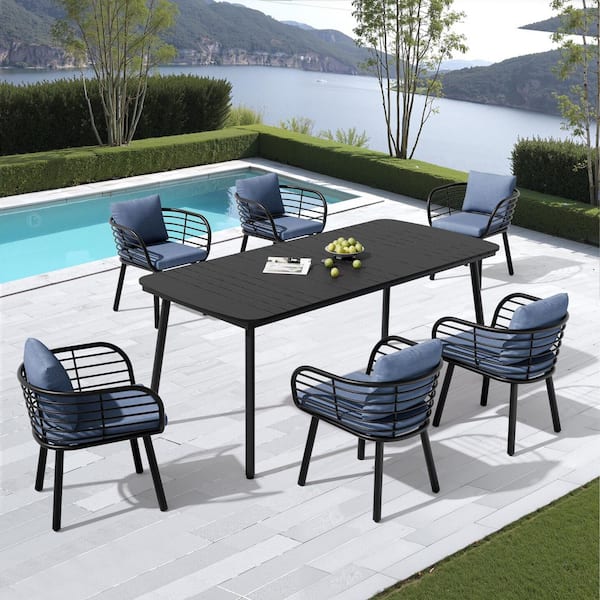 Black 7-Piece 71 in. Aluminum Wood-Like Patio Outdoor Dining Set with Sunbrella Blue Cushion Chair, Umbrella Hole Table