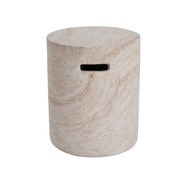 Avex Beige Round Lightweight Concrete 18.5 in. H Outdoor Travertine Finish Side Table with Side Handles
