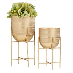 12 in., and 9 in. Medium Gold Metal Planter with Removable Stand (2- Pack)