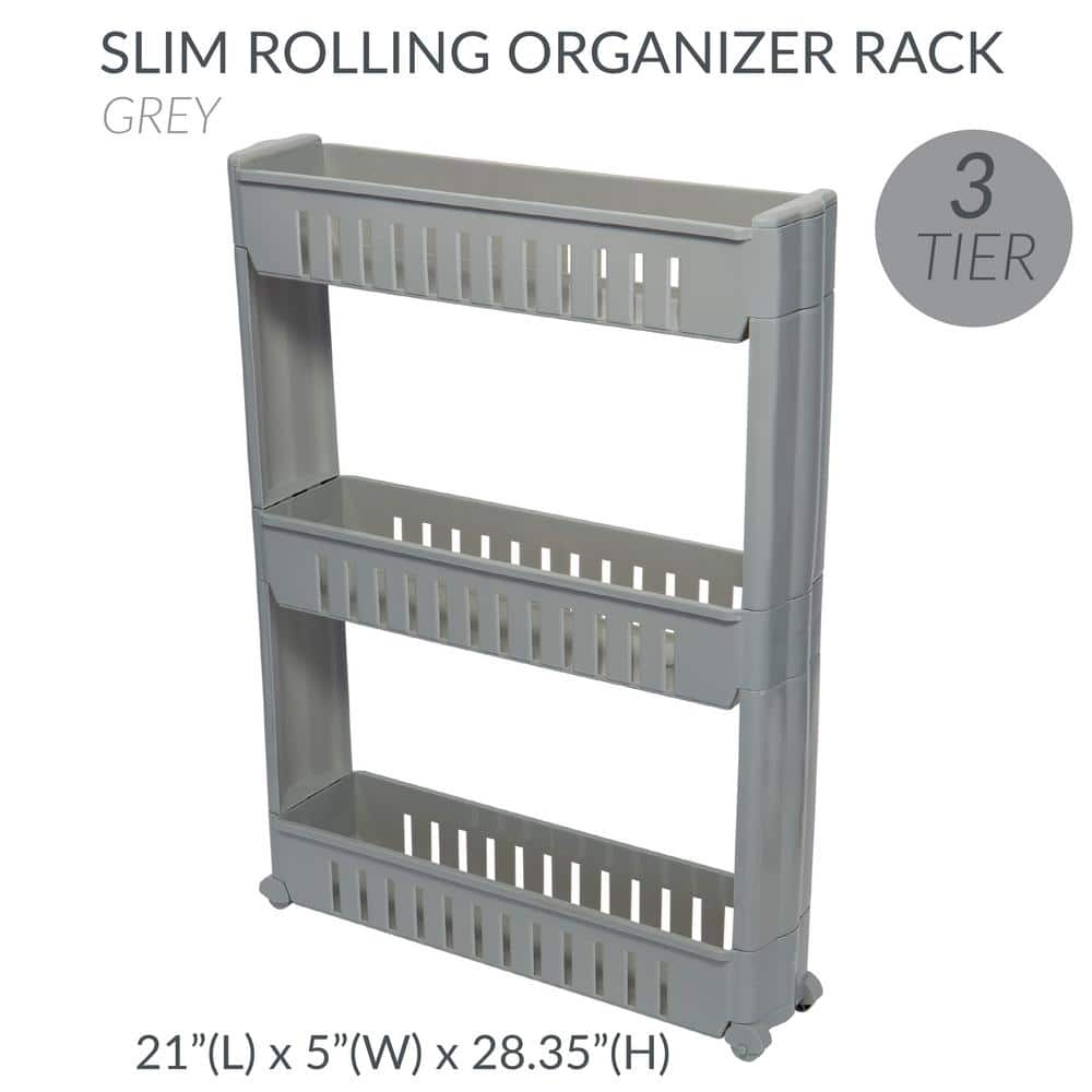 Gray Slim 3-Tier Rolling Plastic Storage Cart