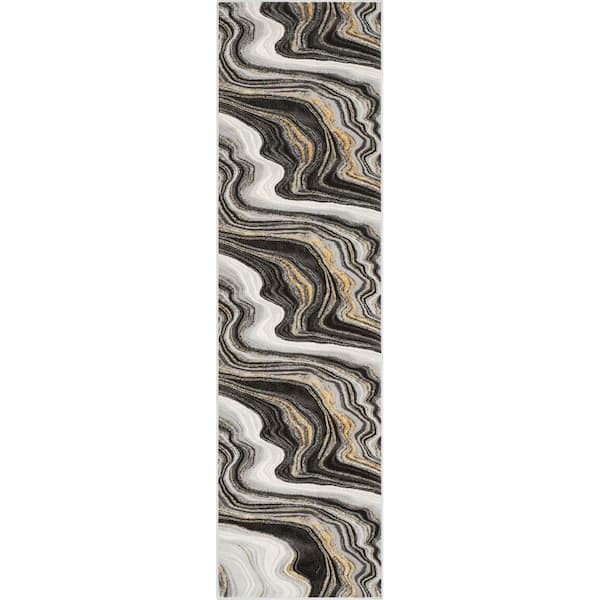 Fairmont Warren Grey 2 ft. 7 in. x 9 ft. 10 in. Retro Glam Abstract Runner Area Rug