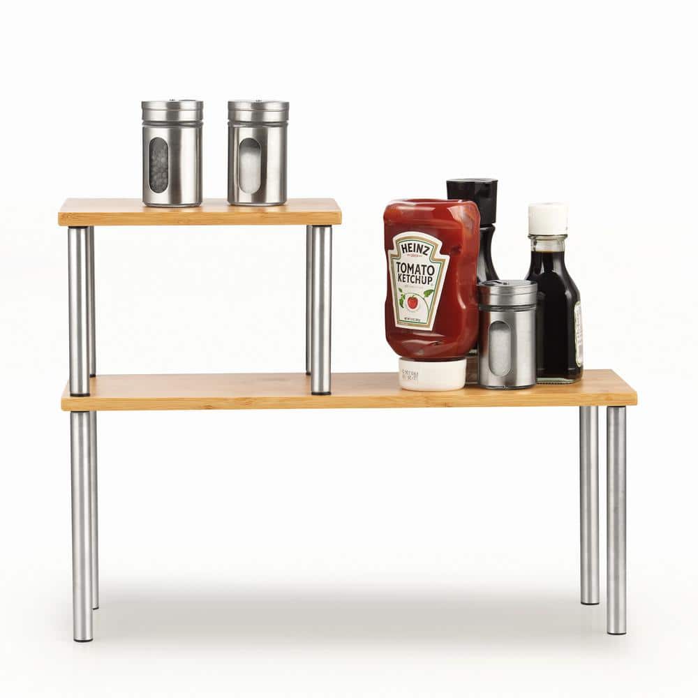 Bamboo and Stainless Steel 2-Tier Corner Storage Shelf