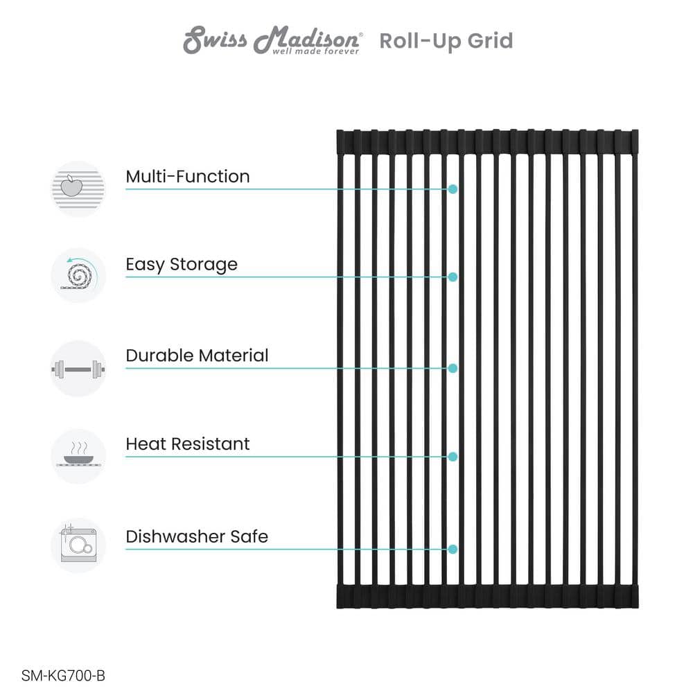 Black Silicone Roll-Up Kitchen Sink Grid, 20.5" x 12.6"