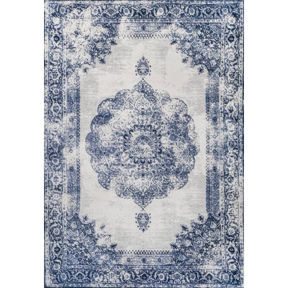 Handmade Rectangular Dark Blue/Ivory Synthetic Area Rug