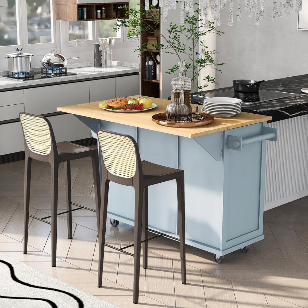 Blue Wood Drop-Leaf Kitchen Cart with Storage and Spice Rack
