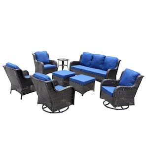 Moonlight Brown 8-Piece Wicker Patio Conversation Seating Sofa Set with Navy Blue Cushions and Swivel Rocking Chairs