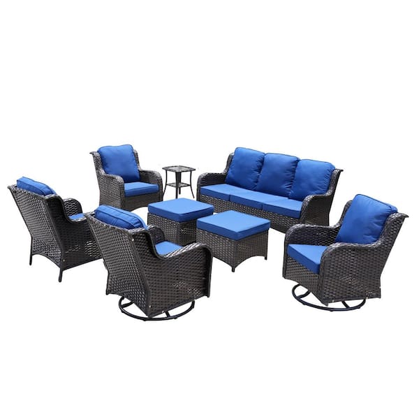Moonlight Brown 8-Piece Wicker Patio Conversation Seating Sofa Set with Navy Blue Cushions and Swivel Rocking Chairs