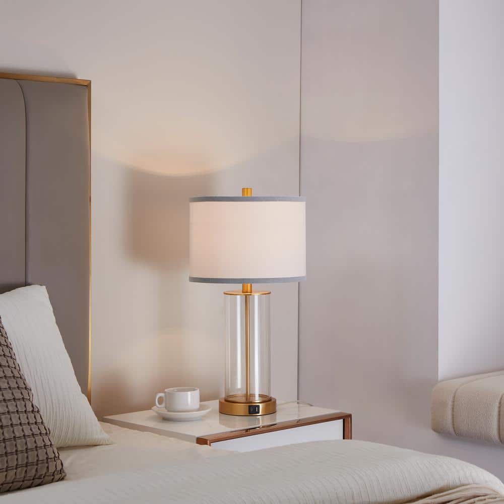 23.25" Clear Glass and Antiqued Brass Table Lamp Set with USB Ports