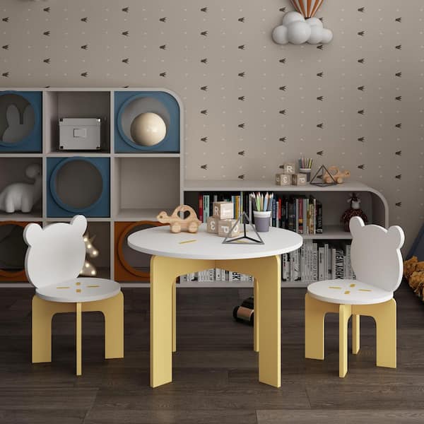 Modern 3-Piece Wood Top Toddler Table and Chair Set with Bear Backrests, White and Yellow
