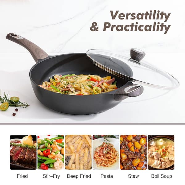 5 qt. Black Aluminum Nonstick Saute Pan with Lid Induction Pan Healthy Non-Toxic Cooking Pan with Helper Handle