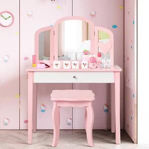 2-Piece MDF Top Pink Bar Table Set Kids Vanity Set Princess Makeup Dressing Play Table Set