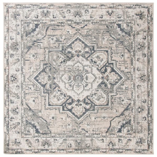 Pyramid 5 ft. x 5 ft. Ivory/Gray Ornate Border Square Area Rug